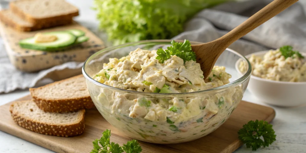 The Best Creamy Avocado Tuna Egg Salad (No Mayo!) 11 extra close up view of a large glass bowl f