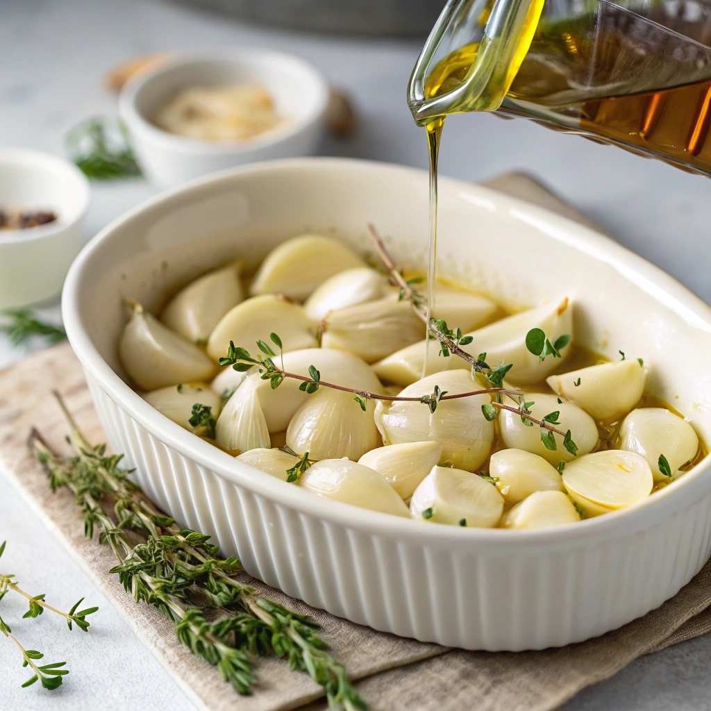 The Most Decadent Oven Roasted Garlic Confit 15 extra close up view of an ovenproof ceramic dish f