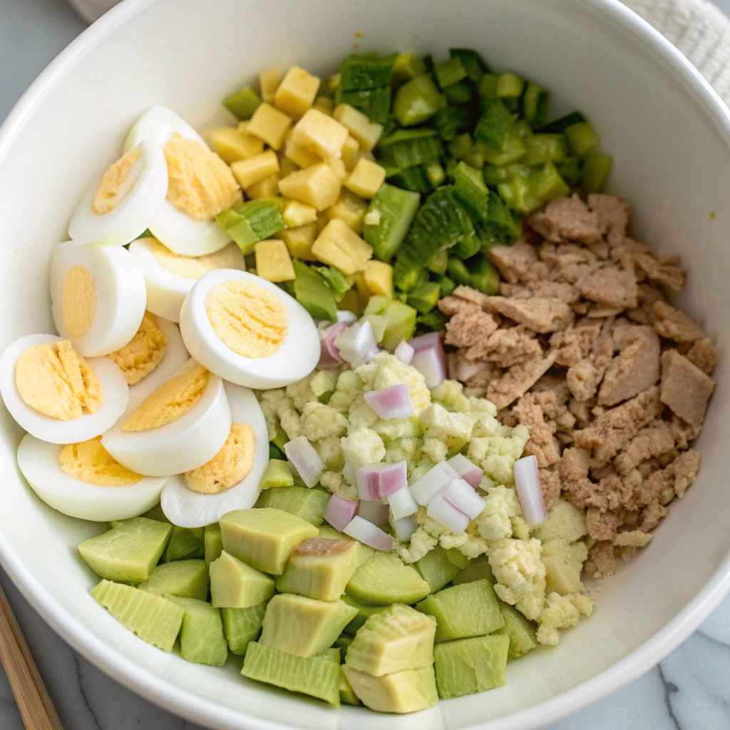 The Best Creamy Avocado Tuna Egg Salad (No Mayo!) 12 extra close up view of an overhead shot o