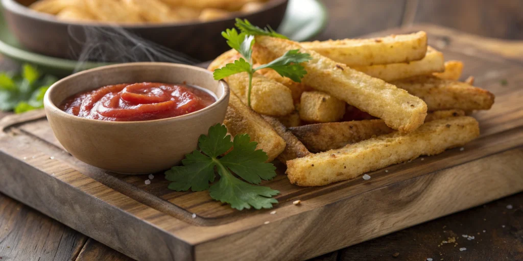 Crispy Potato Finger Sticks: The Ultimate Snack 12 extra close up view of a rustic wooden platter pi