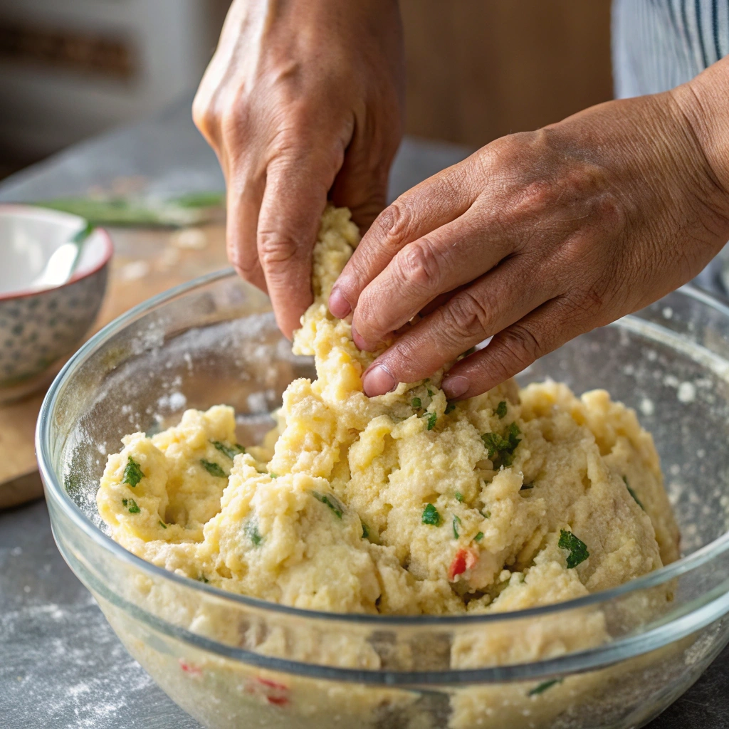 Crispy Potato Finger Sticks: The Ultimate Snack 14 extra close up view of hands mixing a firm dough i