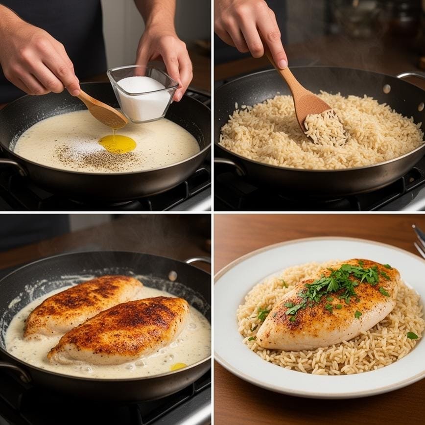 Creamy Smothered Chicken and Rice: Cozy Family Dinner 8 Steps