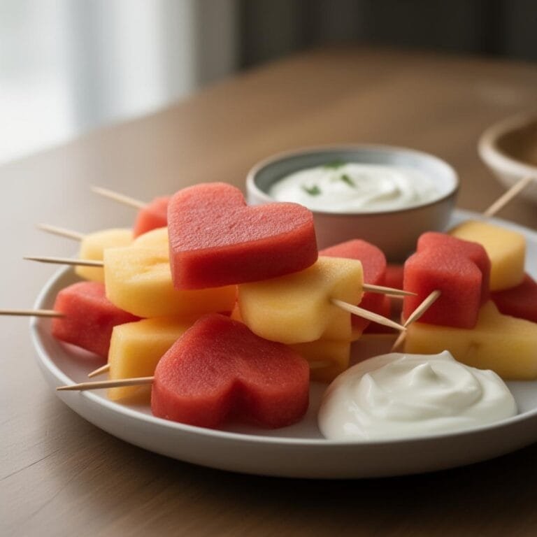 Easy Heart-Shaped Fruit Skewers with Yogurt Dip recipe
