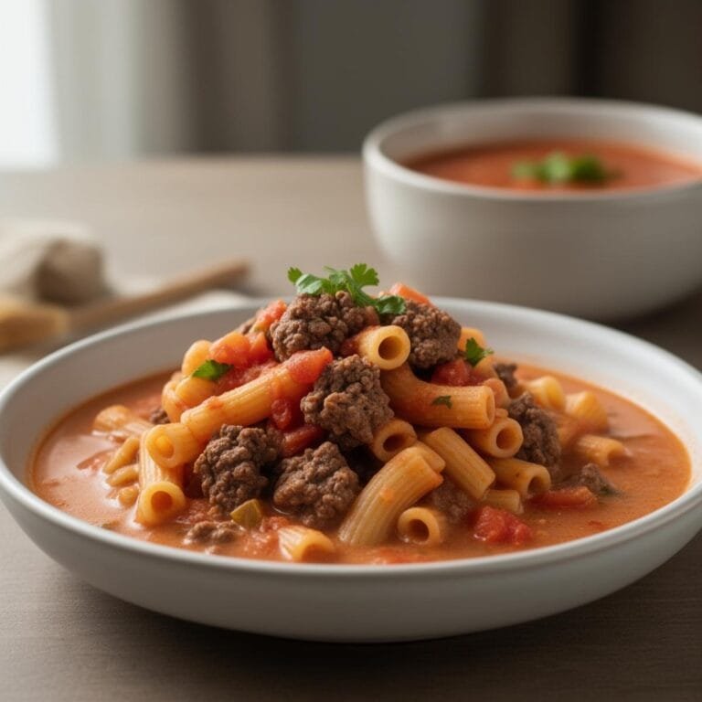 Easy One Pot Beef and Tomato Macaroni Soup recipe