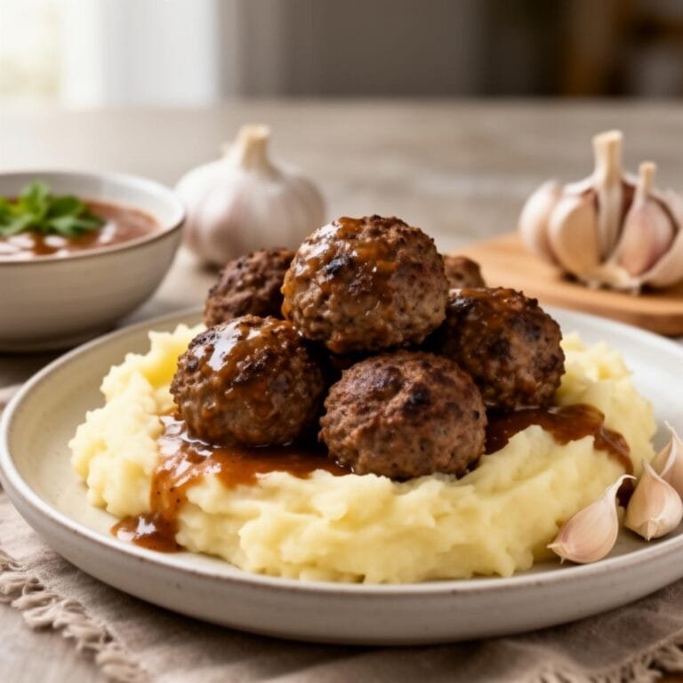 Easy Salisbury Steak Meatballs with Mashed Potatoes and garlic recipe