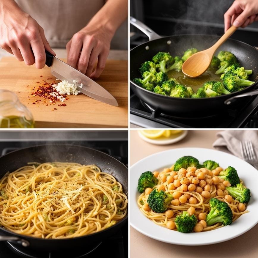 Broccoli Chickpea Pasta with Garlic Olive Oil: Quick Healthy Recipe 8 Steps