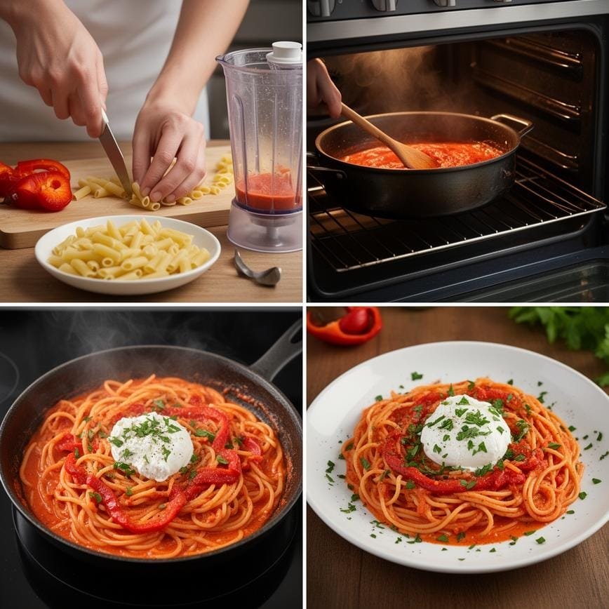 Creamy Red Pepper Pasta with Burrata and Herbs: Perfect Weeknight Dinner 8 Steps