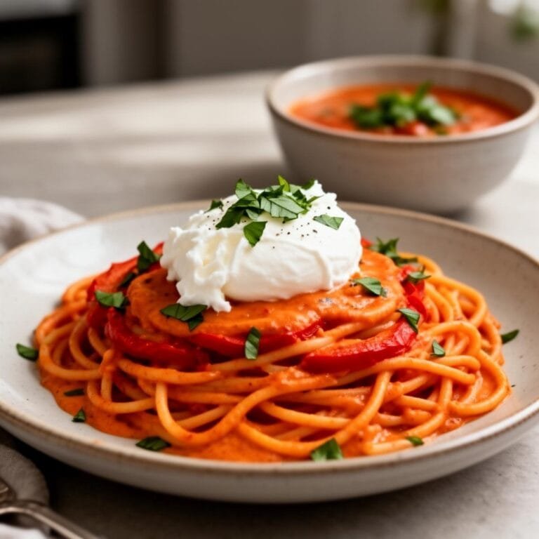 Easy Creamy Red Pepper Pasta with Burrata and Herbs recipe