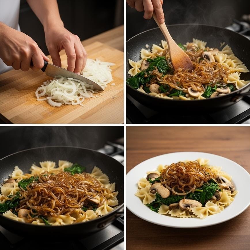 Farfalle with Spinach, Mushrooms, Caramelized Onions: Best Meatless Italian Dinner 8 Steps