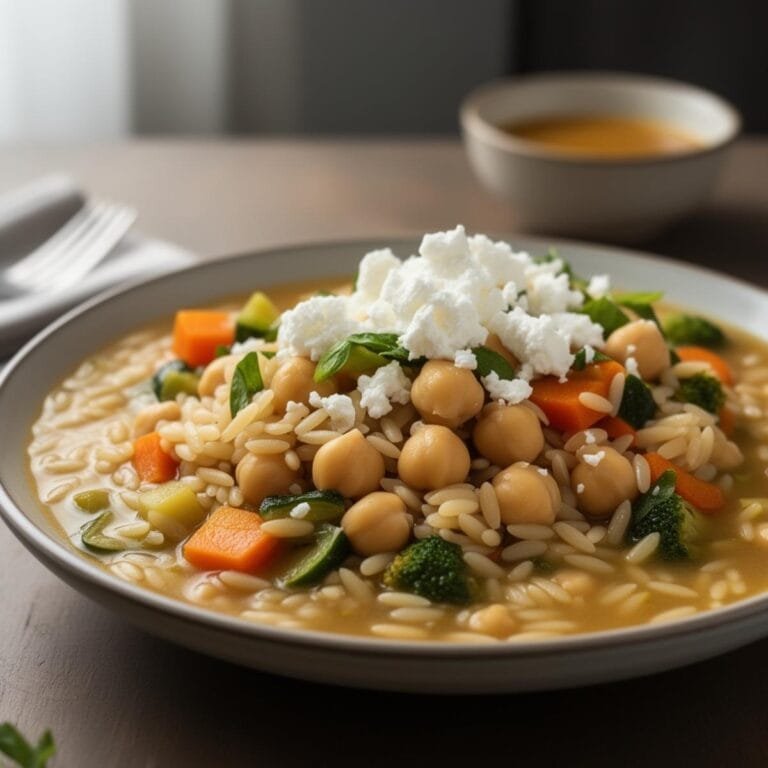 Easy Greek Chickpea Soup with orzo and fresh vegetables recipe