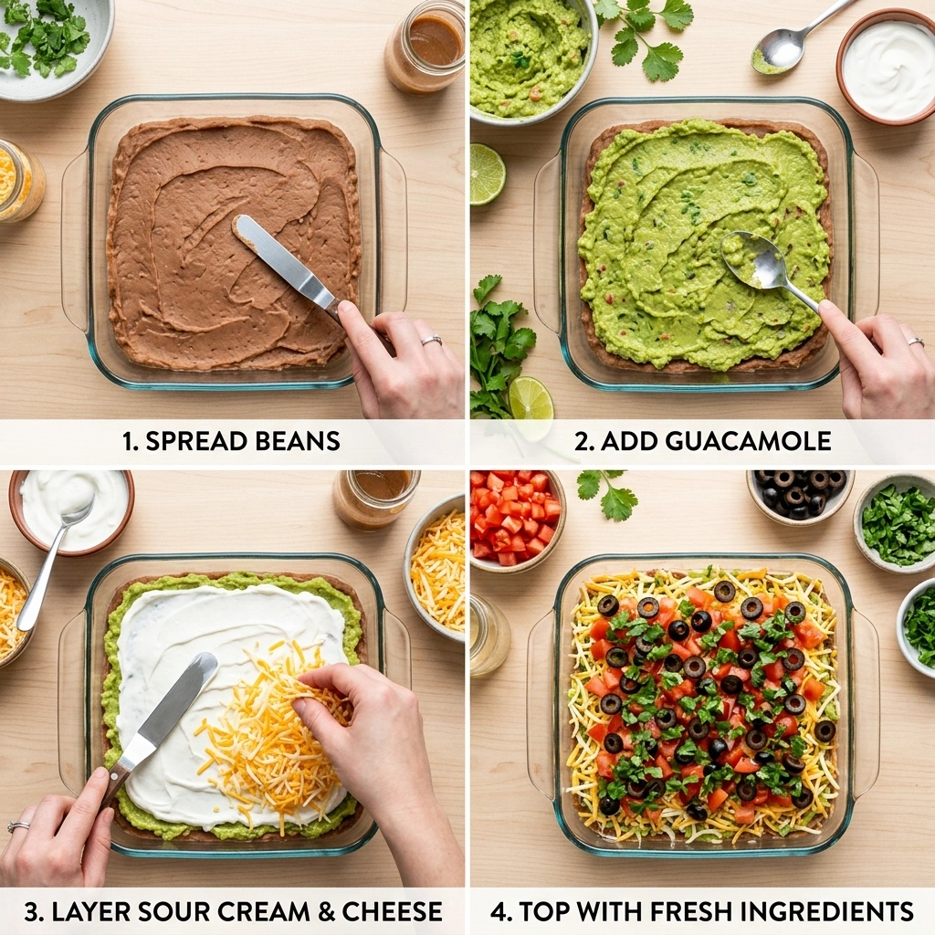 healthy 7-Layer Bean Dip: Best Appetizer Recipe 12 Instructional collage refried 202603262341