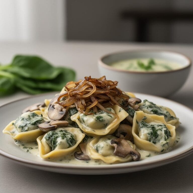 Easy Spinach Mushroom Tortellini with Caramelized Onions recipe