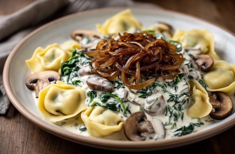 Spinach Mushroom Tortellini with Caramelized Onions
