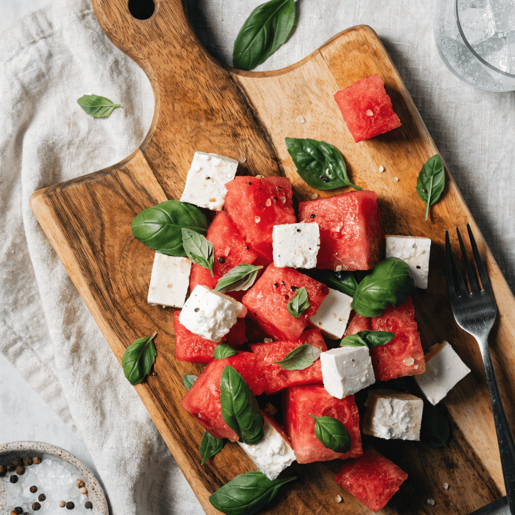 a flat lay view of a prepared watermelon basil a