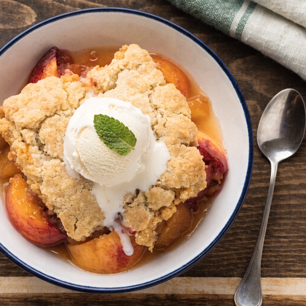 flat lay shot of a generous serving of peach cobb 1