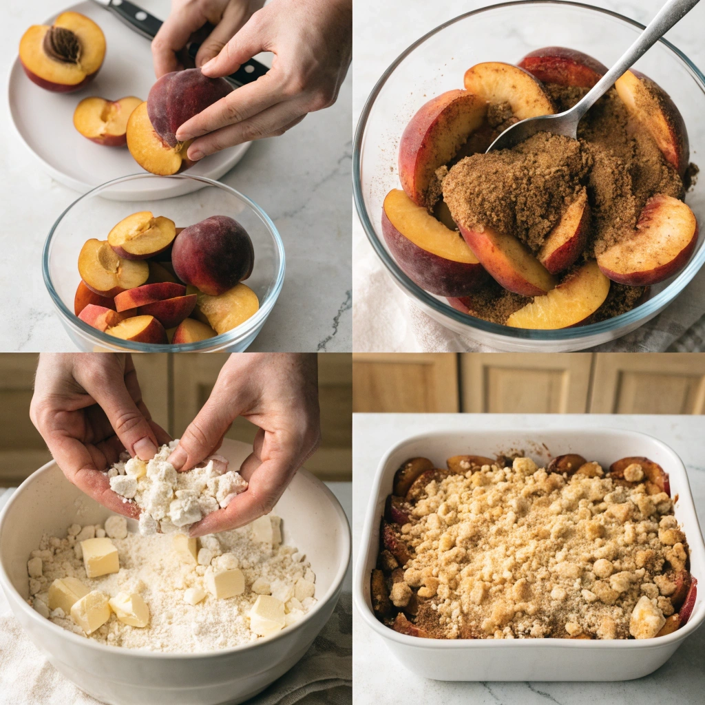Crumble and Peach Cobbler: Best Dessert Recipes 12 flat lay shot of a single serving of peach cobble