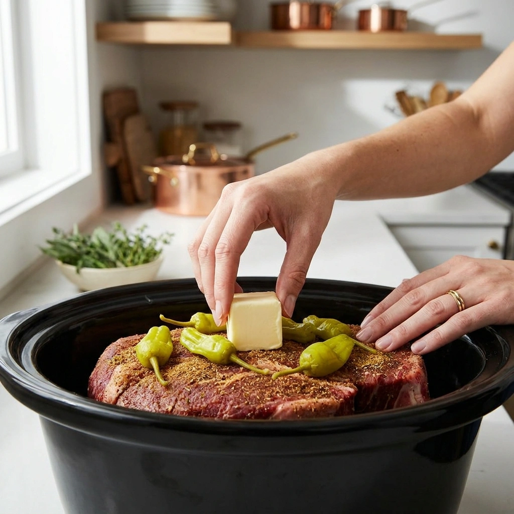 Crockpot Mississippi Pot Roast: The Only Slow Cooker Recipe You'll Ever Need 3 Pepperoncini peppers and butter placed on top of chuck roast in crockpot