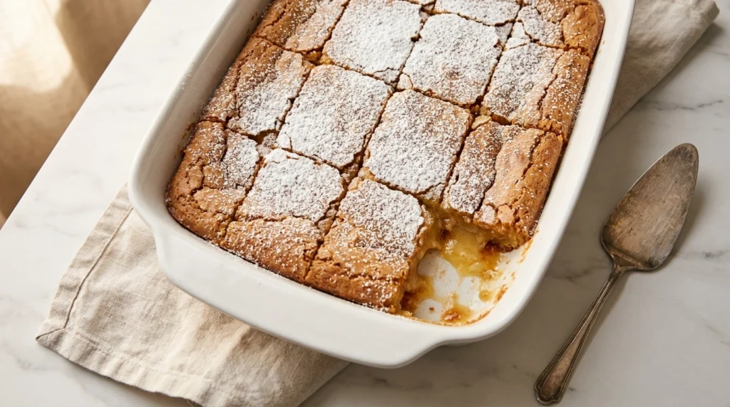 Gooey butter cake sliced into squares dusted with powdered sugar in a white baking dish on marble