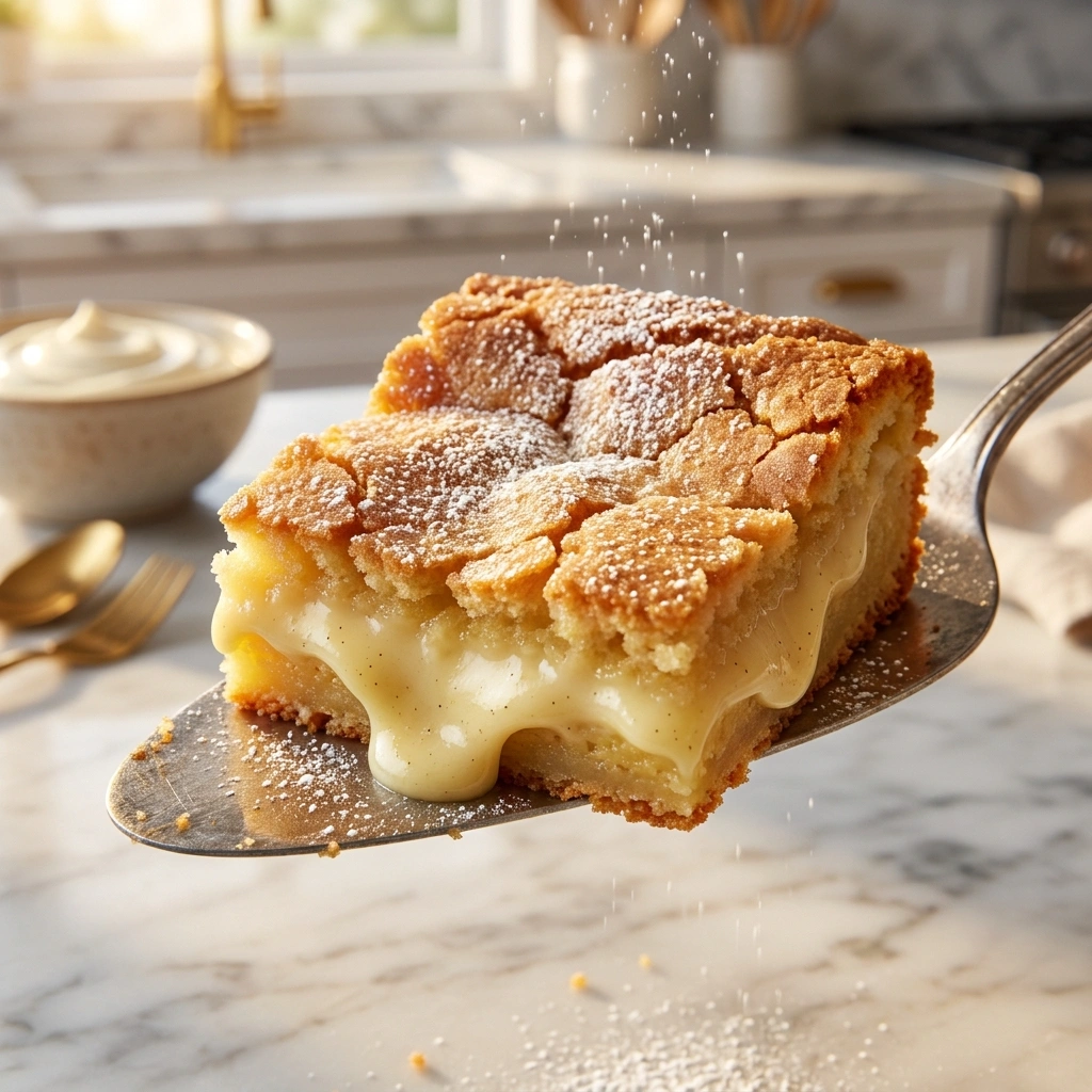 Single gooey butter cake square on a cake server showing golden crust and soft gooey cream cheese center