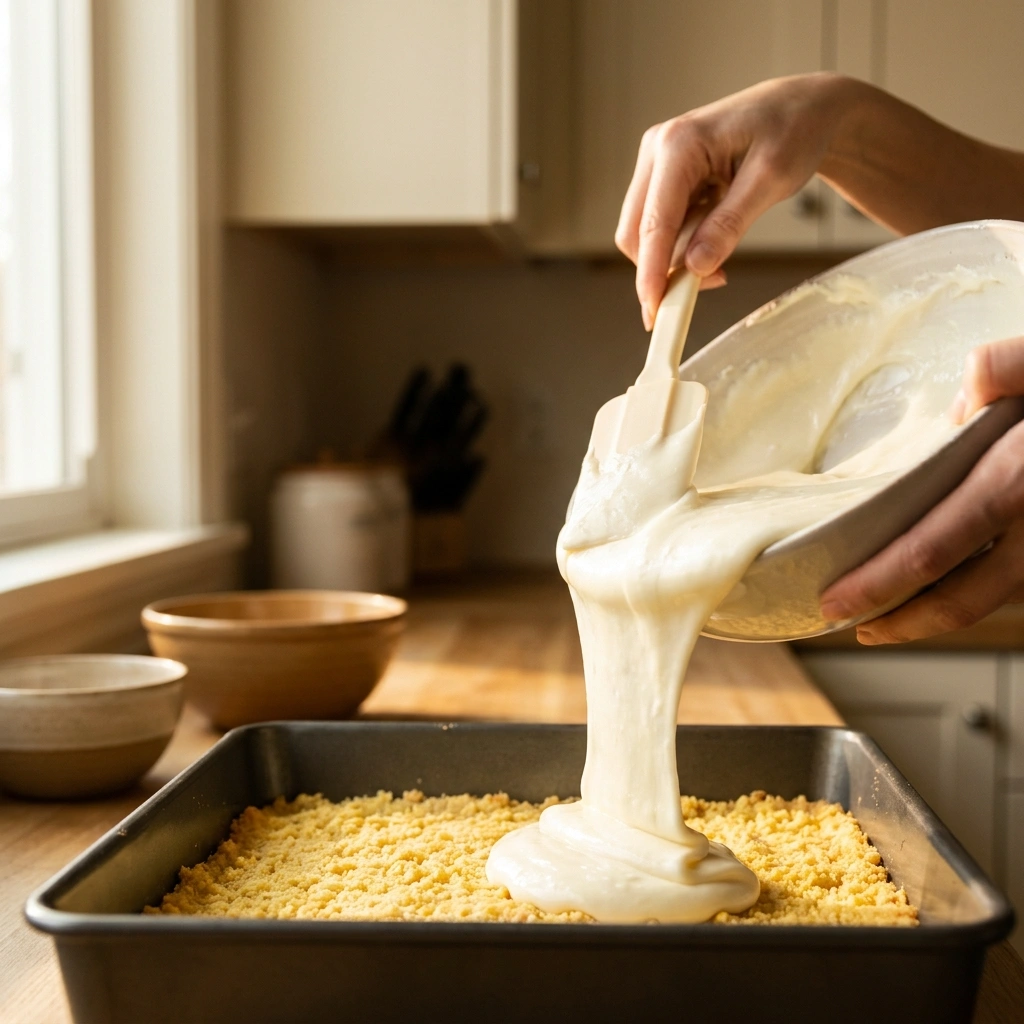 Elegant hands pouring cream cheese filling over yellow cake base in a rectangular baking pan