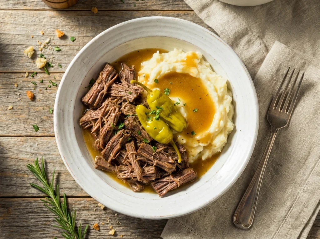 Crockpot Mississippi Pot Roast: The Only Slow Cooker Recipe You'll Ever Need 1 Current image: Crockpot Mississippi Pot Roast shredded beef served over mashed potatoes in a white bowl