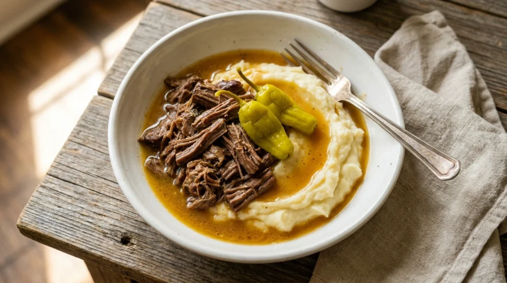 white ceramic bowl filled with tender shredded Mississippi pot roast served over silky mashed potatoes