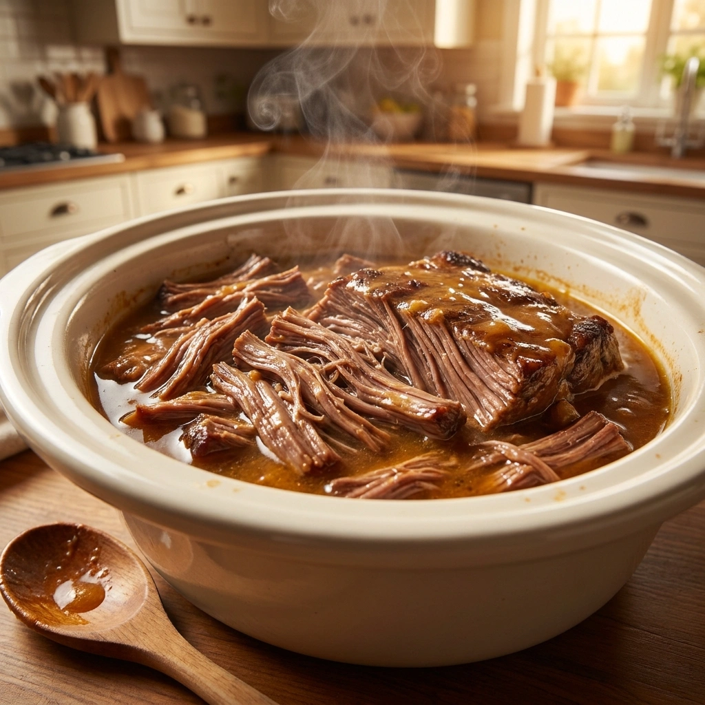 Crockpot Mississippi Pot Roast: The Only Slow Cooker Recipe You'll Ever Need 2 Raw chuck roast placed in slow cooker with ranch and au jus seasoning packets