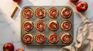 Twelve elegant apple roses made with puff pastry and thinly sliced red apples in a muffin tin dusted with powdered sugar