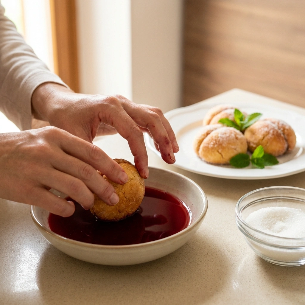Italian Peach Cookies Recipe (Pesche Dolci, From Scratch) 3 Elegant hands dipping a assembled peach cookie into red Alchermes liquor with sugar bowl beside it