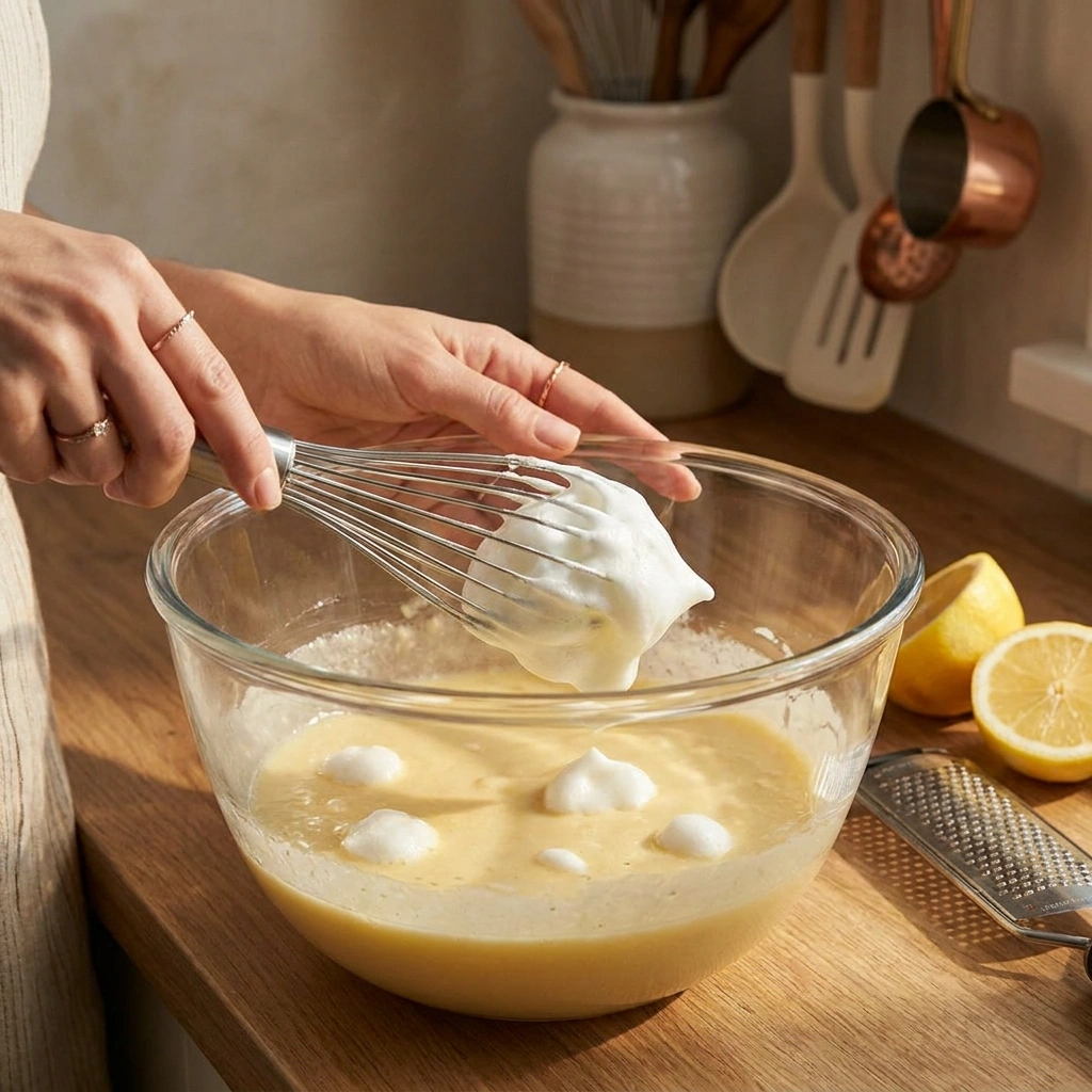Lemon Custard Cake Recipe (3 Layers, One Magic Batter) 3 Elegant hands whisking stiff egg whites into thin lemon batter in a glass bowl with visible white lumps on surface
