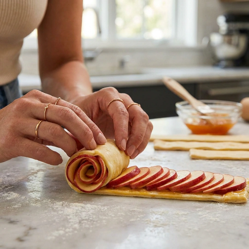 Elegant Apple Roses Recipe (Easy Puff Pastry, 12 Servings) 4 Elegant hands rolling a puff pastry strip with overlapping red apple slices into a rose shape