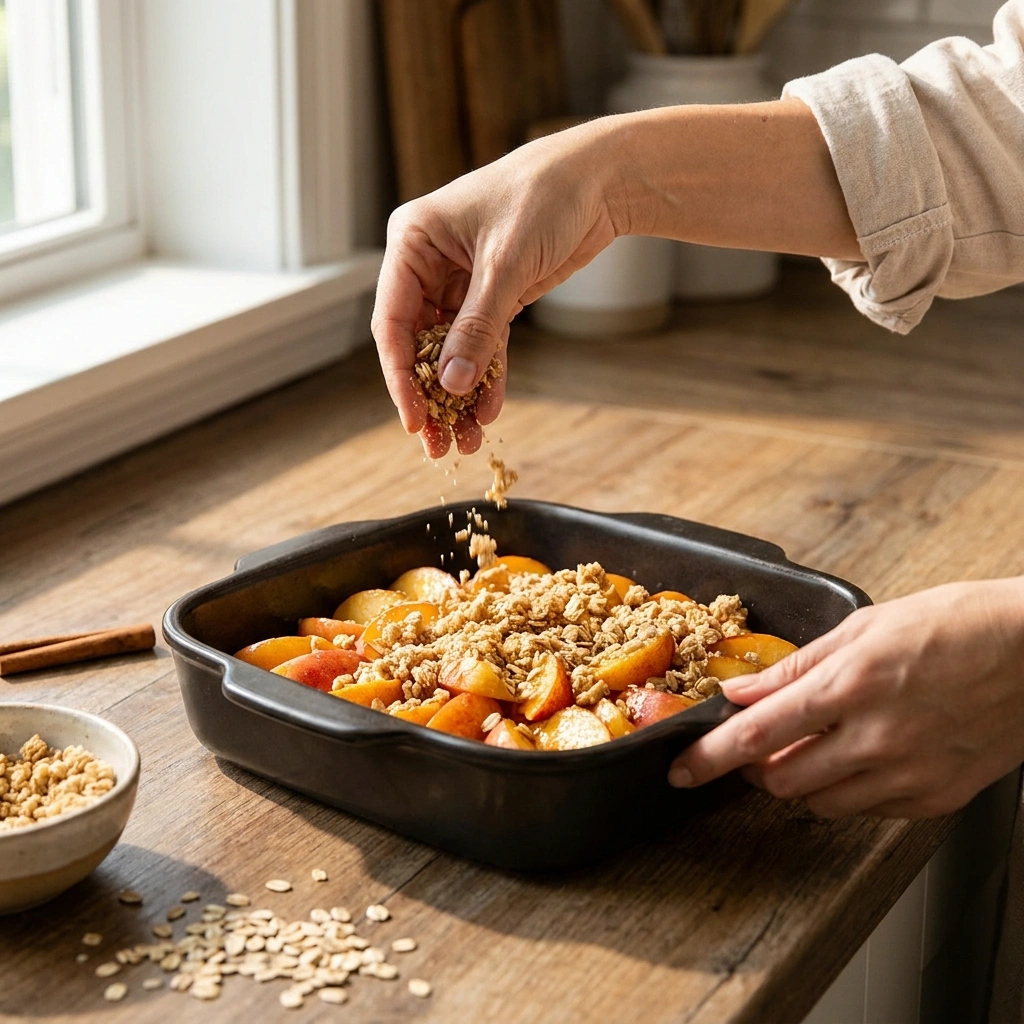 Easy Peach Crisp Recipe (7 Ingredients, 45 Minutes) 3 Elegant hands sprinkling golden oat crumble topping over sliced fresh peaches in a square baking dish