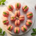 Italian peach cookies pesche dolci arranged on a white plate with mint leaves, dusted in red-pink sugar coating