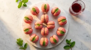 Italian peach cookies pesche dolci arranged on a white plate with mint leaves, dusted in red-pink sugar coating