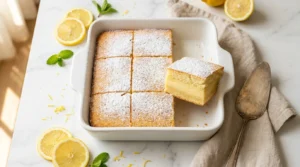 Lemon custard cake dusted with powdered sugar in a white baking dish with a slice lifted to show three distinct layers
