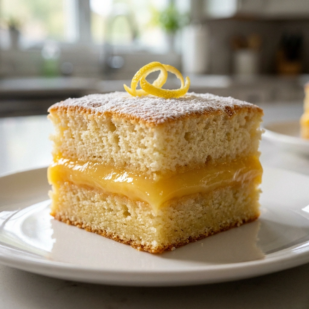 Lemon Custard Cake Recipe (3 Layers, One Magic Batter) 2 Single lemon custard cake slice on white plate showing three distinct layers — sponge top, custard center, and dense base