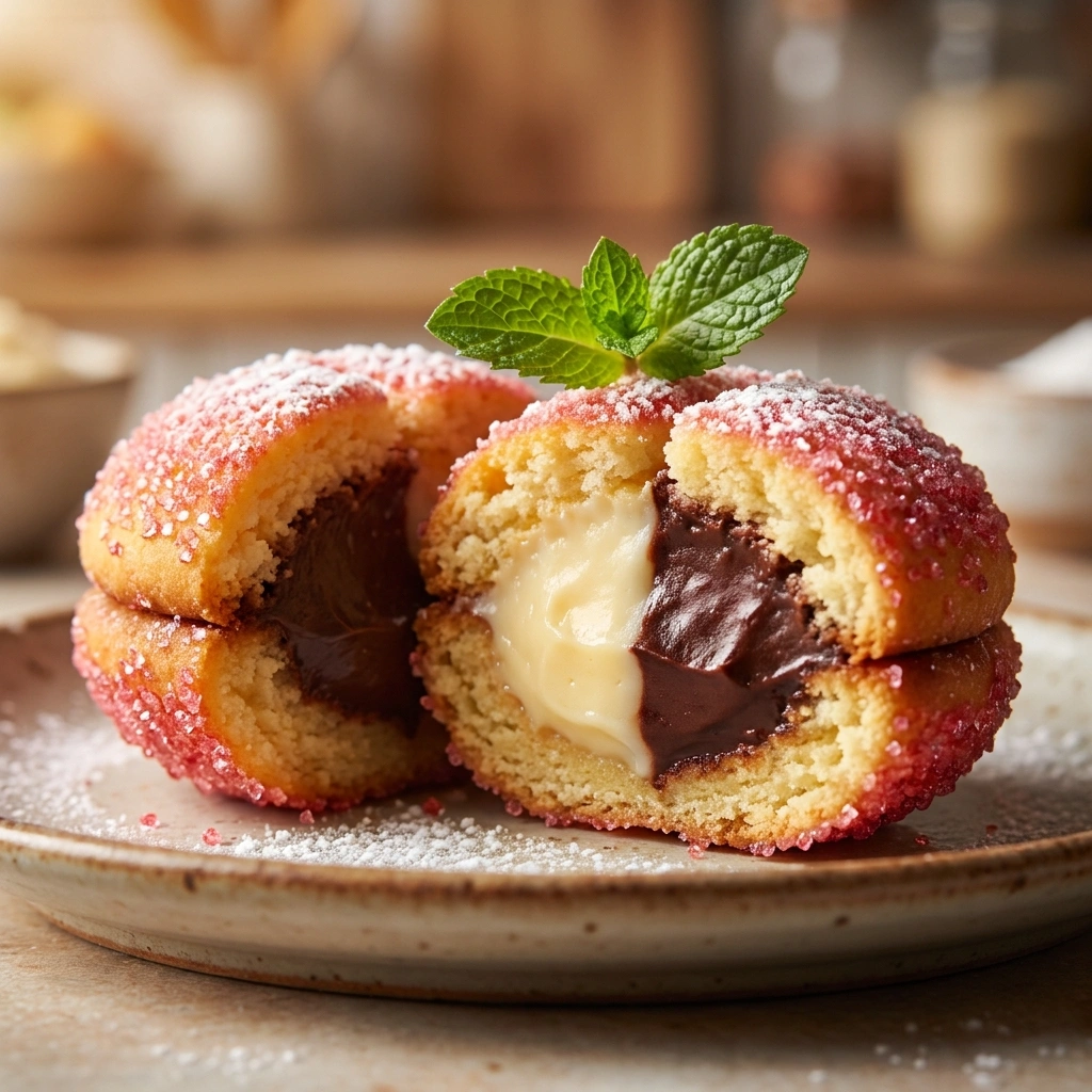 Italian Peach Cookies Recipe (Pesche Dolci, From Scratch) 2 Close-up cross-section of Italian peach cookie showing vanilla and chocolate custard filling inside