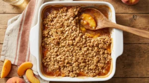 Easy peach crisp in a white baking dish with golden oat crumble topping and juicy peach filling bubbling at the edges
