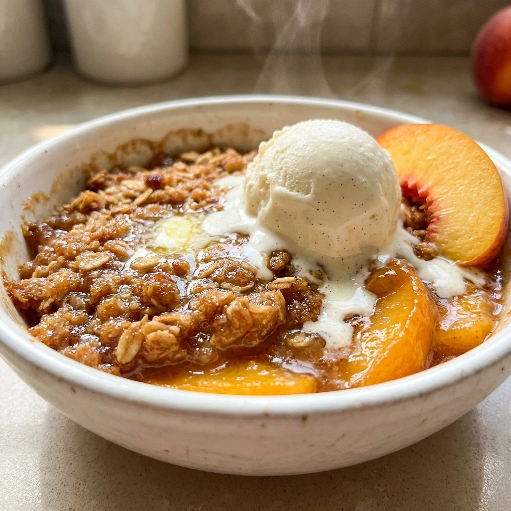 Easy Peach Crisp Recipe (7 Ingredients, 45 Minutes) 2 Warm peach crisp in a white bowl topped with melting vanilla ice cream and golden oat crumble
