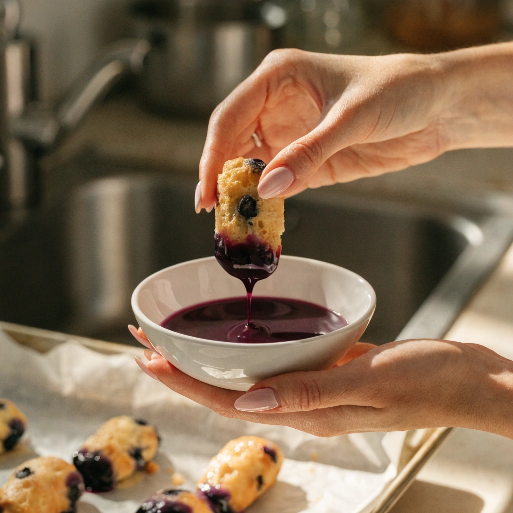 Baked Blueberry Fritter Bites (Mini, Glazed, No Deep Fry) 3 Elegant hands dipping a mini blueberry fritter bite upside down into a bowl of purple blueberry glaze