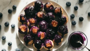 Baked blueberry fritter bites on a white plate with shiny caramelized blueberry glaze drizzled down the sides