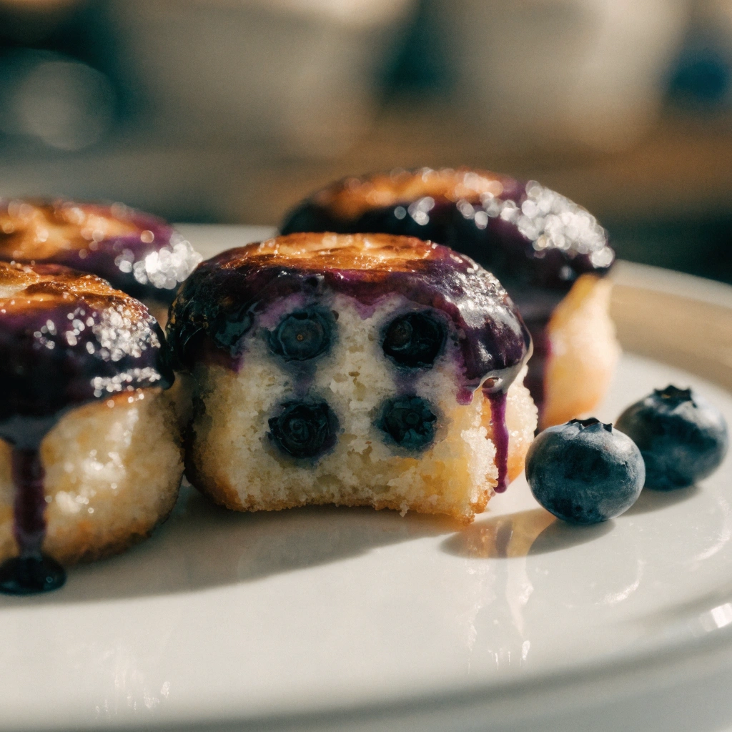 Baked Blueberry Fritter Bites (Mini, Glazed, No Deep Fry) 2 Close-up of a single baked blueberry fritter bite with caramelized blueberry glaze and fresh blueberries around it