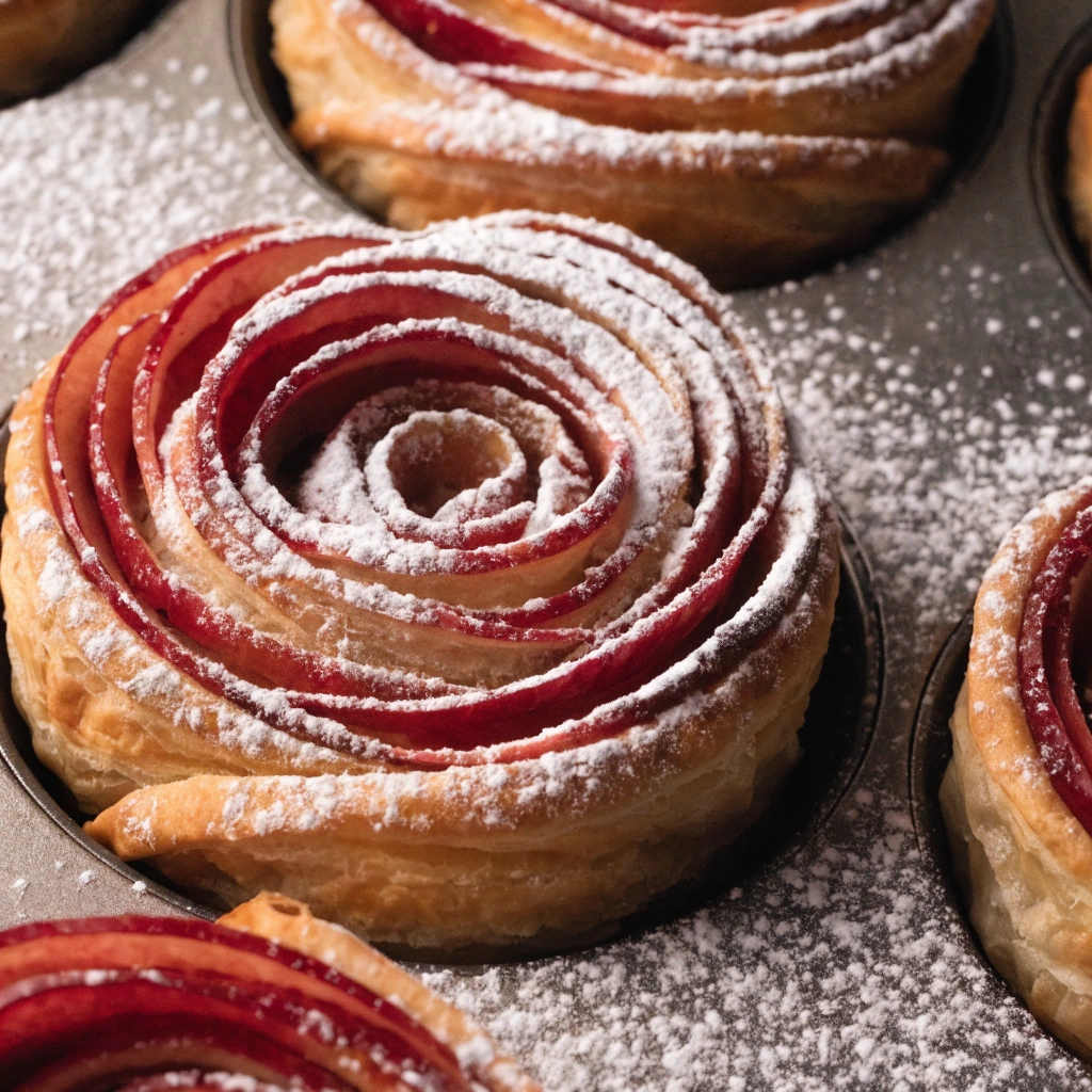 Elegant Apple Roses Recipe (Easy Puff Pastry, 12 Servings) 3 elegant apple roses made with puff pastry and thinly sliced red apples in a muffin tin dusted with powdered sugar