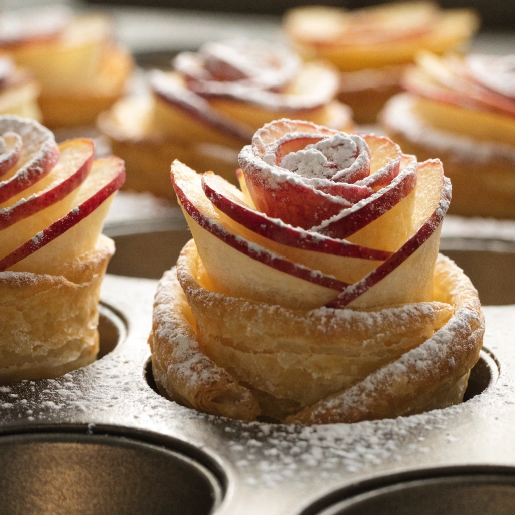 Elegant Apple Roses Recipe (Easy Puff Pastry, 12 Servings) 2 elegant apple roses made with puff pastry and thinly sliced red apples in a muffin tin dusted